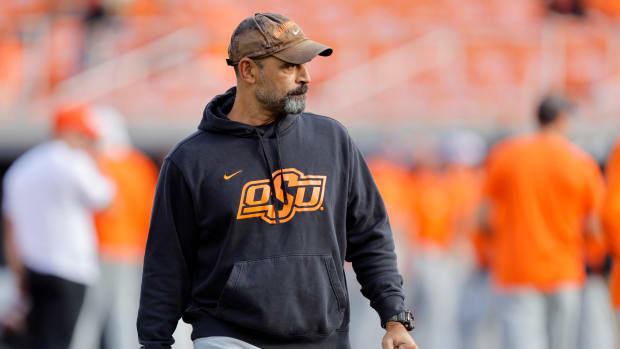 Sep 16, 2023; Stillwater, Oklahoma, USA; Oklahoma State offensive coordinator Kasey Dunn before an NCAA football game between Oklahoma State and South Alabama at Boone Pickens Stadium. South Alabama won 33-7. Mandatory Credit: Bryan Terry-USA TODAY Sports